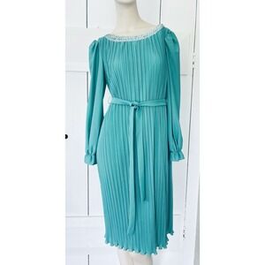 Vintage 80s Boston Maid Teal Green Secretary Midi Dress Sz 8 Pleated Sequins